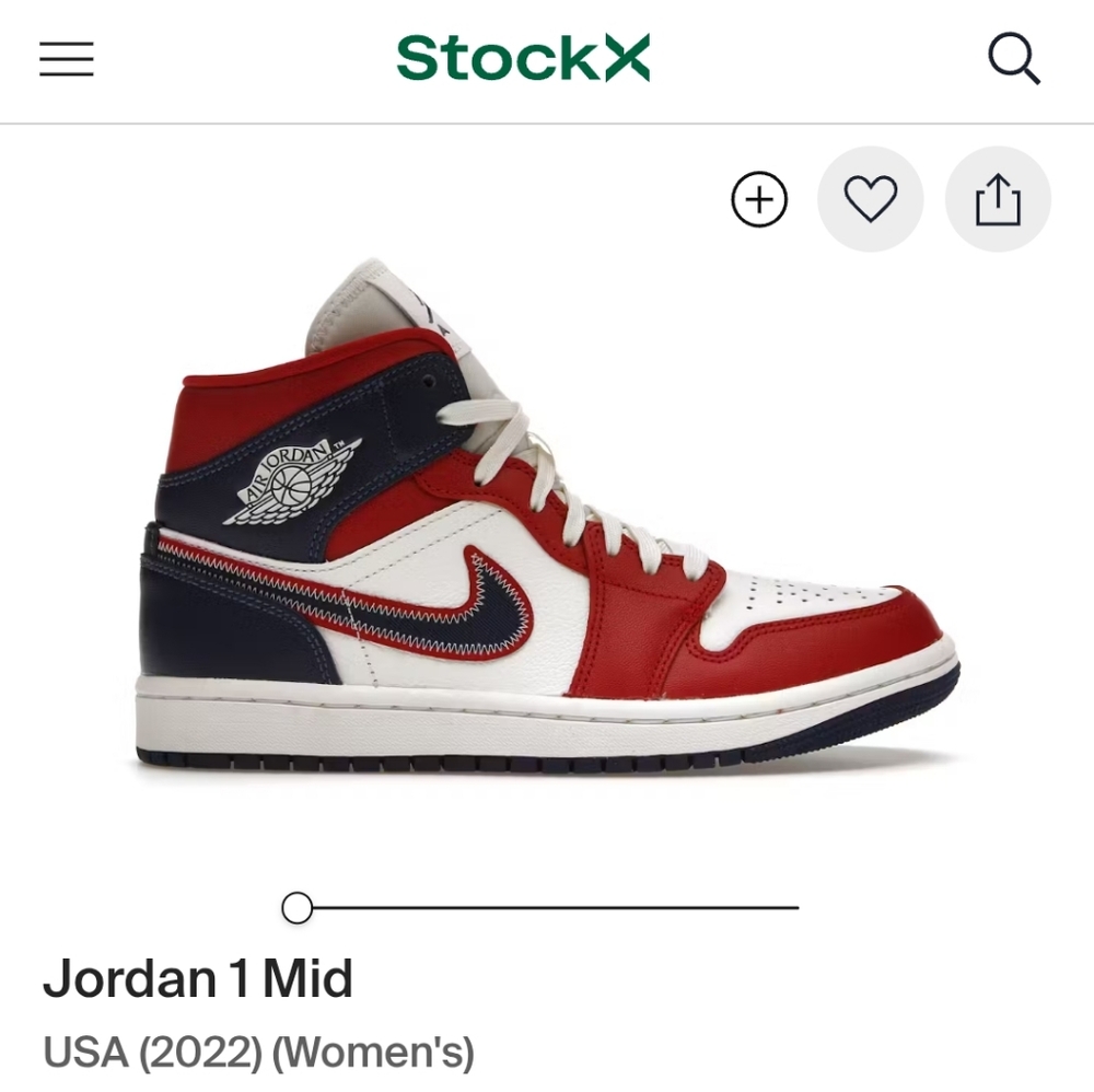 Jordan 1 Mid Red, White, and Navy Sneakers